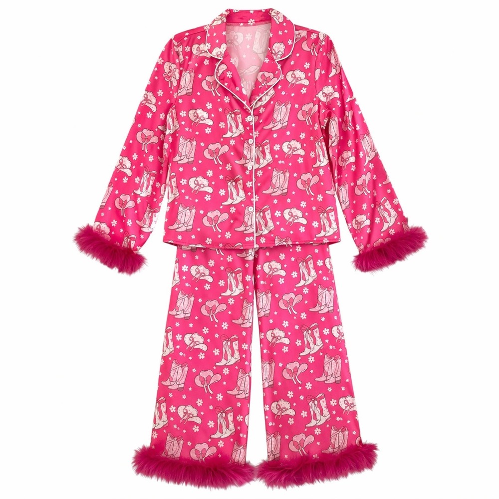 Pink Satin Cowboy Cowgirl 2Pc Bridal Bachelorette Pajama‎ Lounge Set Womens S